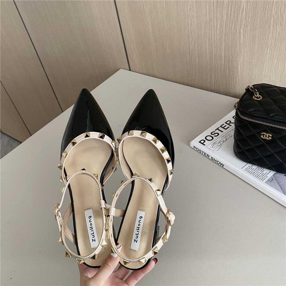 2023 New Spring Autumn Flat Studded Women's Shoes Pointed Toe Chunky Heel PU Leather Fashion Low Top Shoes - Image 2