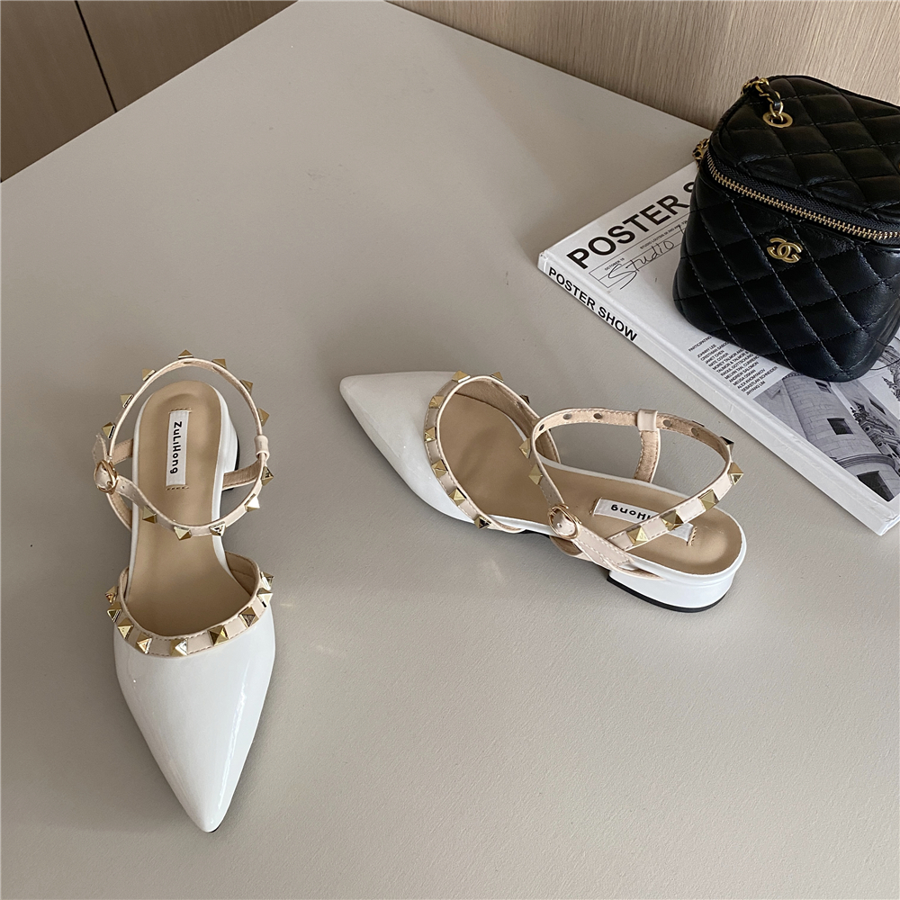 2023 New Spring Autumn Flat Studded Women's Shoes Pointed Toe Chunky Heel PU Leather Fashion Low Top Shoes - Image 3