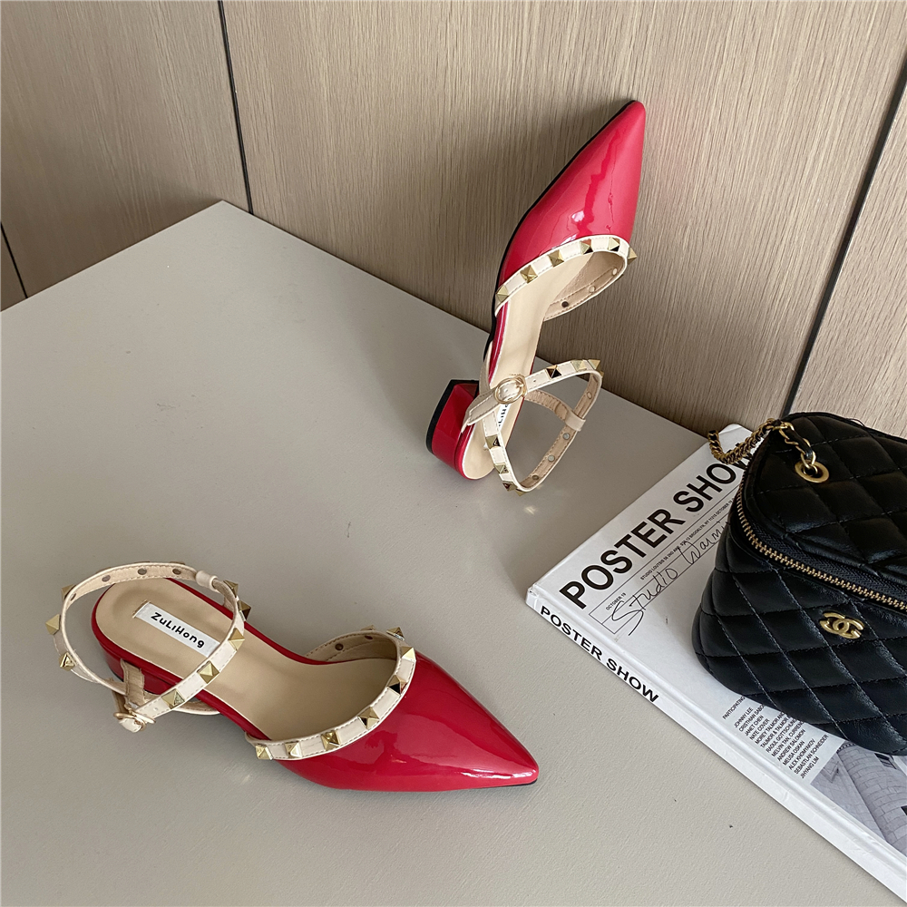2023 New Spring Autumn Flat Studded Women's Shoes Pointed Toe Chunky Heel PU Leather Fashion Low Top Shoes - Image 4