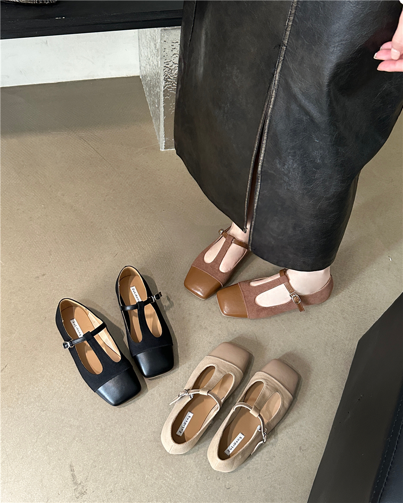 Matte Leather Square Toe T-Strap Mary Jane Shoes Fashion Versatile Flat Soft Comfortable Casual Shoes