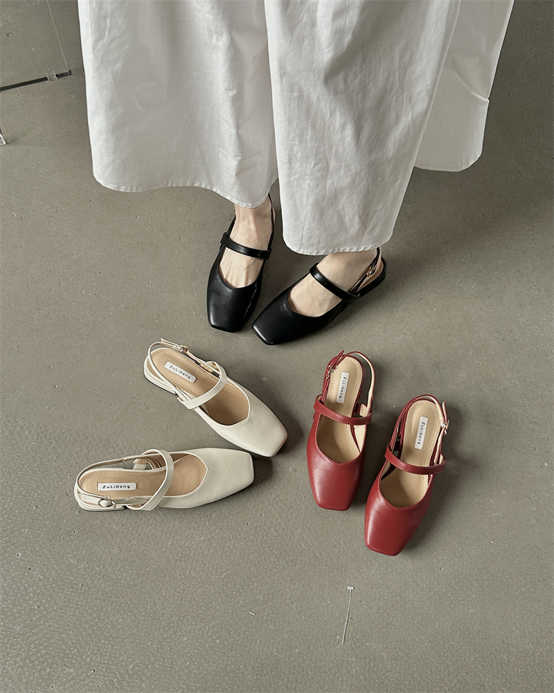 French Low Heel Mary Jane Shoes for Women 2024 New Spring Red Elegant Square Toe Buckle Strap