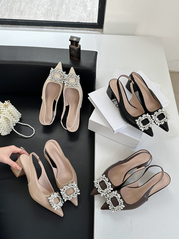2025 Spring New French Pointed Toe Low Cut Rhinestone Slip-On Closed Toe Sandals Chunky Heel Women's Shoes