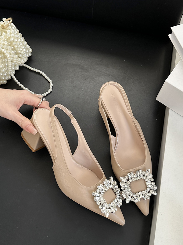 2025 Spring New French Pointed Toe Low Cut Rhinestone Slip-On Closed Toe Sandals Chunky Heel Women's Shoes - Image 3