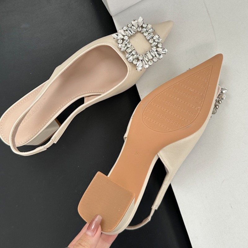 2025 Spring New French Pointed Toe Low Cut Rhinestone Slip-On Closed Toe Sandals Chunky Heel Women's Shoes - Image 5