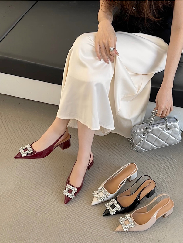 Women's Pointed Toe Rhinestone Chunky Heel Open Back Strap Sandals 2025 Spring Summer New Style - Image 3