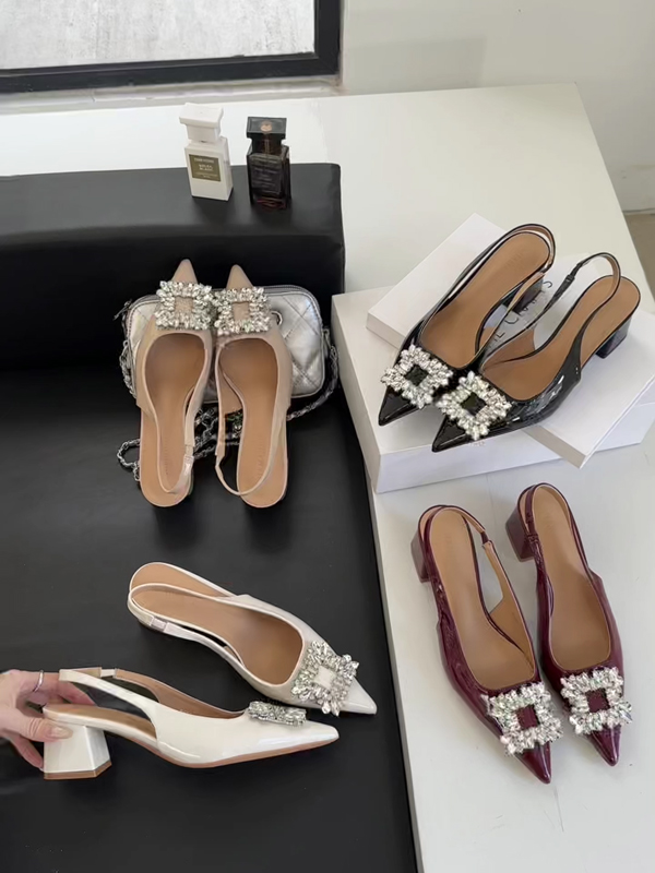 Women's Pointed Toe Rhinestone Chunky Heel Open Back Strap Sandals 2025 Spring Summer New Style