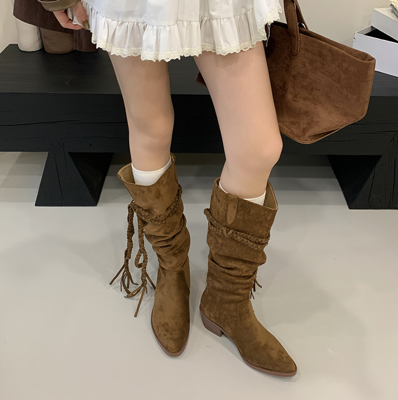 2025 New Retro Fringe Boots Chunky Heel High Rise Pointed Toe Not Over Knee Wasteland Style Riding Boots Slim Stacked Boots - Image 4