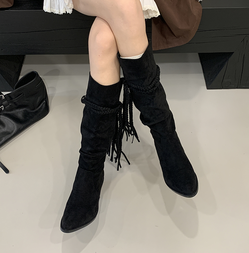 2025 New Retro Fringe Boots Chunky Heel High Rise Pointed Toe Not Over Knee Wasteland Style Riding Boots Slim Stacked Boots - Image 3