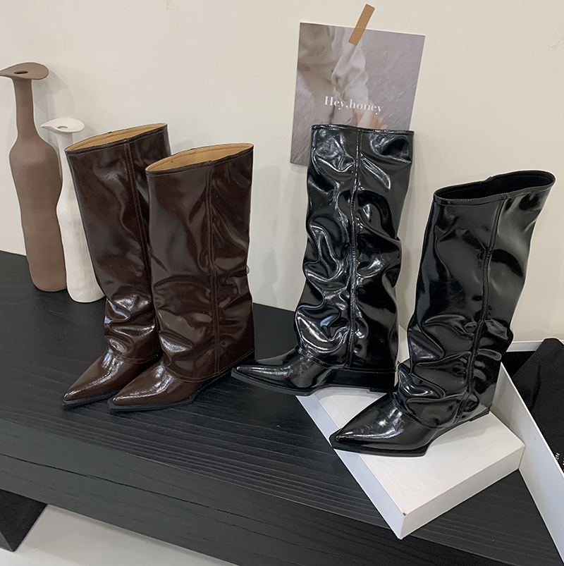2025 New Patent Leather Riding Boots Over Knee Boots Stacked Boots Retro Pointed Toe Autumn Winter Fashion