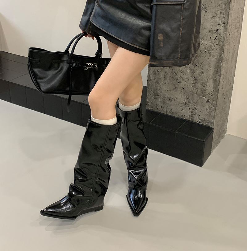 2025 New Patent Leather Riding Boots Over Knee Boots Stacked Boots Retro Pointed Toe Autumn Winter Fashion - Image 3