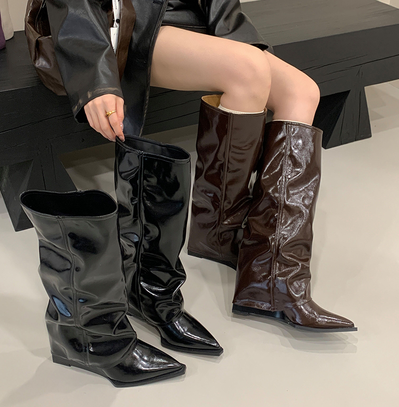 2025 New Patent Leather Riding Boots Over Knee Boots Stacked Boots Retro Pointed Toe Autumn Winter Fashion - Image 2
