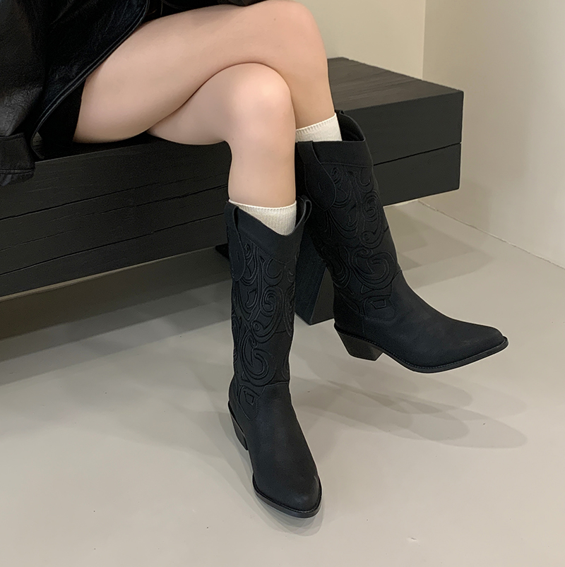 2025 New Pointed Toe High Heel Boots Chunky Heel Western Cowboy Boots Embroidery Sleeve Knight Boots Fashion Retro - Image 3