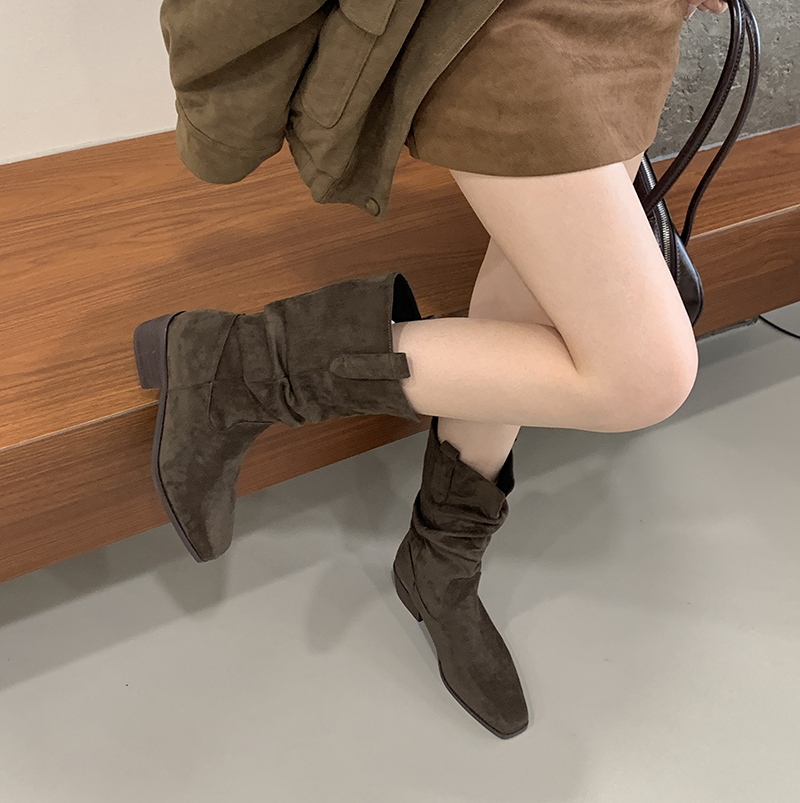 2025 New Retro Suede Chunky Heel Western Women's Boots Autumn Winter V-Cut Wide Shaft Stacked Boots - Image 3