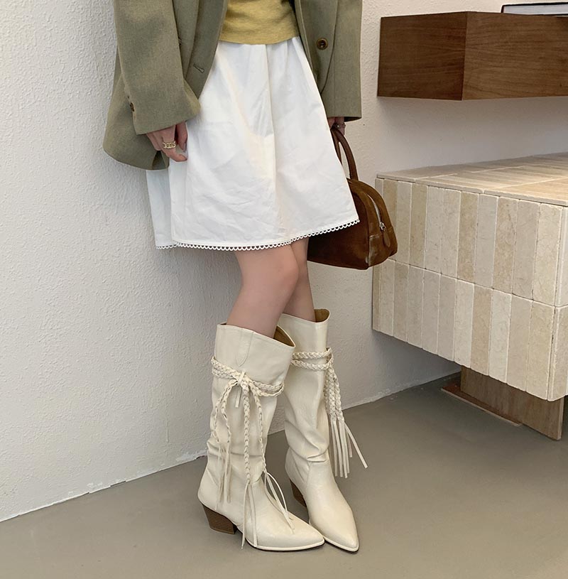 2025 Autumn Winter Chunky Heel White Stacked Boots Women Braided Design Over Knee High Boots Pointed Toe Western Boots - Image 2