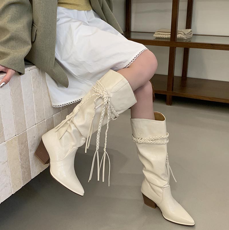 2025 Autumn Winter Chunky Heel White Stacked Boots Women Braided Design Over Knee High Boots Pointed Toe Western Boots - Image 4