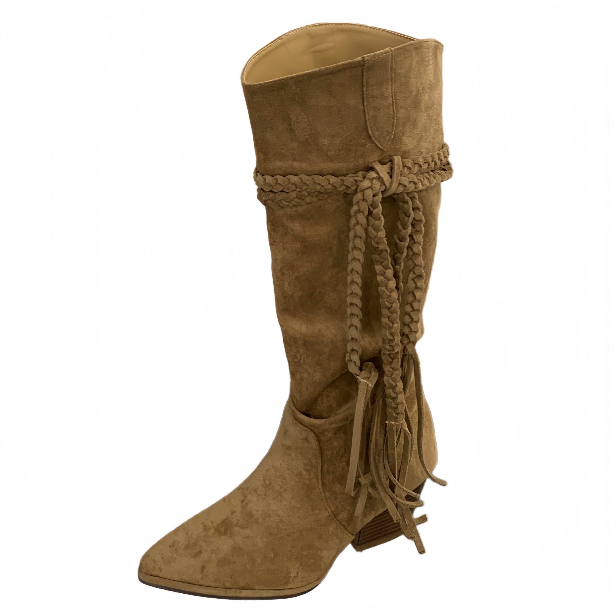 2025 Autumn Winter Chunky Heel White Stacked Boots Women Braided Design Over Knee High Boots Pointed Toe Western Boots - Image 5