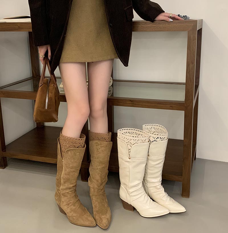 2025 New Khaki Lace Pointed Toe High Heel Riding Boots Women Tall Over Knee Boots Chunky Heel Long Boots