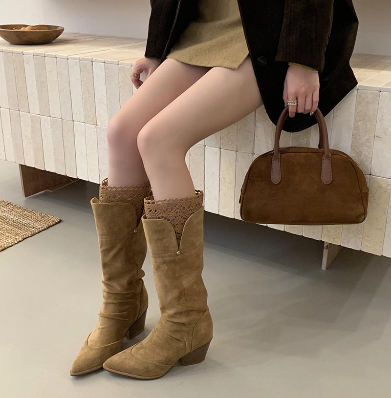 2025 New Khaki Lace Pointed Toe High Heel Riding Boots Women Tall Over Knee Boots Chunky Heel Long Boots - Image 3