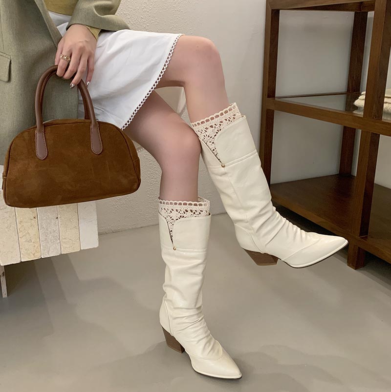 2025 New Khaki Lace Pointed Toe High Heel Riding Boots Women Tall Over Knee Boots Chunky Heel Long Boots - Image 4