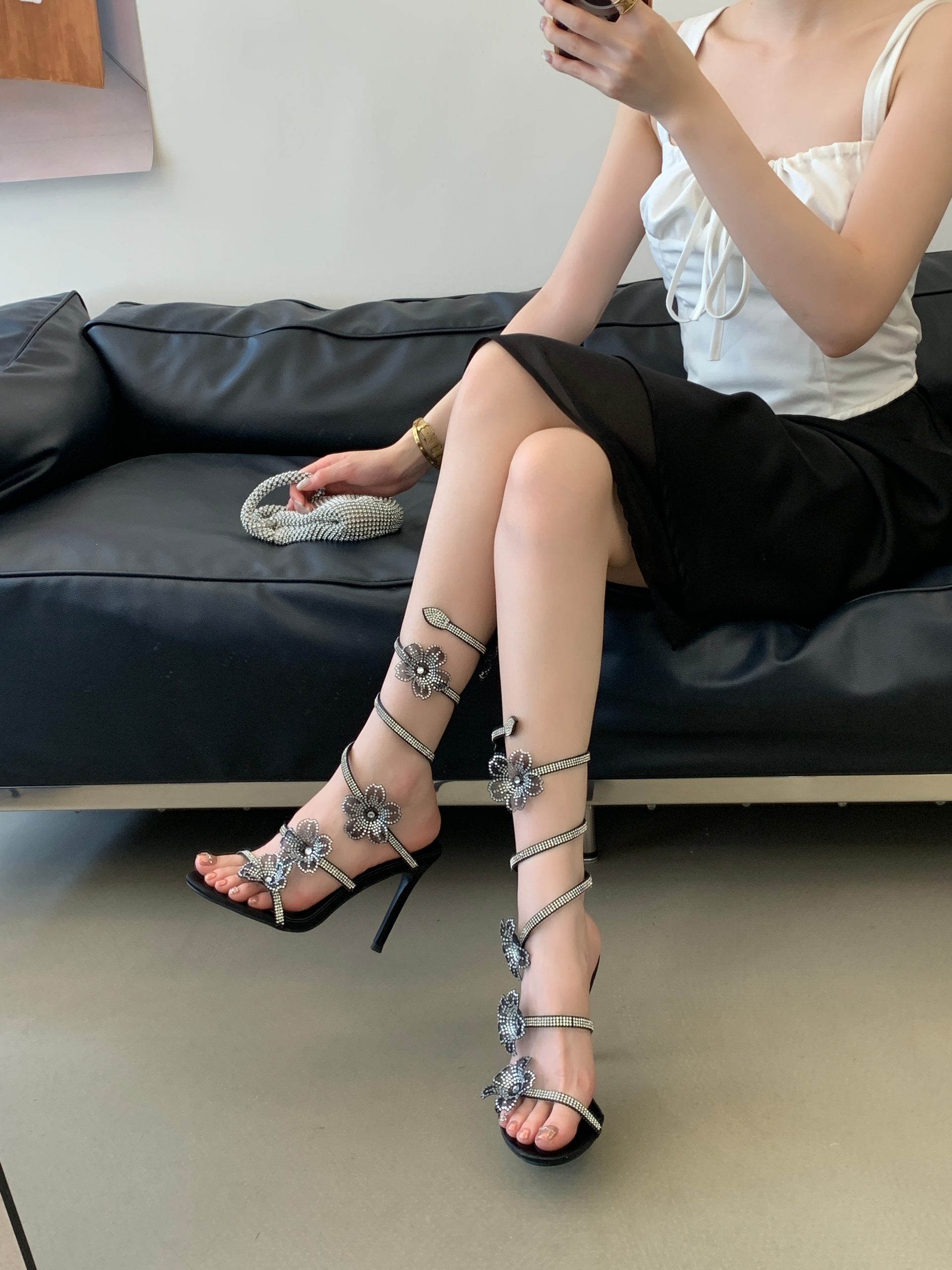 2026 Summer New Rhinestone Flower Ankle Strap High Heels Women Thin Heel Open Toe Sandals Sexy Banquet 42 - Image 2