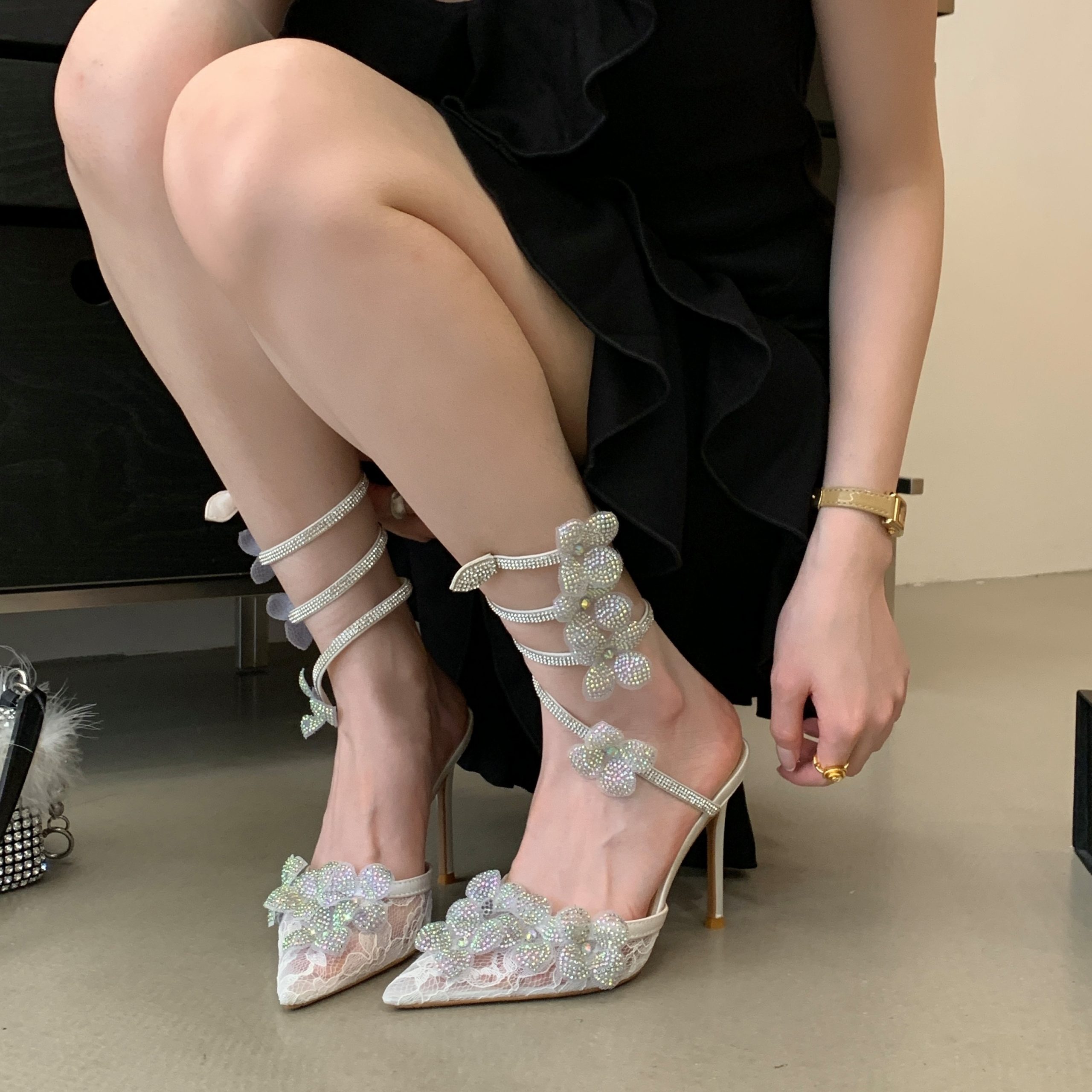French Lace Rhinestone Flower Wrap Strap Sandals Women Pointed Toe Thin Heel Wedding Bride Shoes Banquet - Image 2