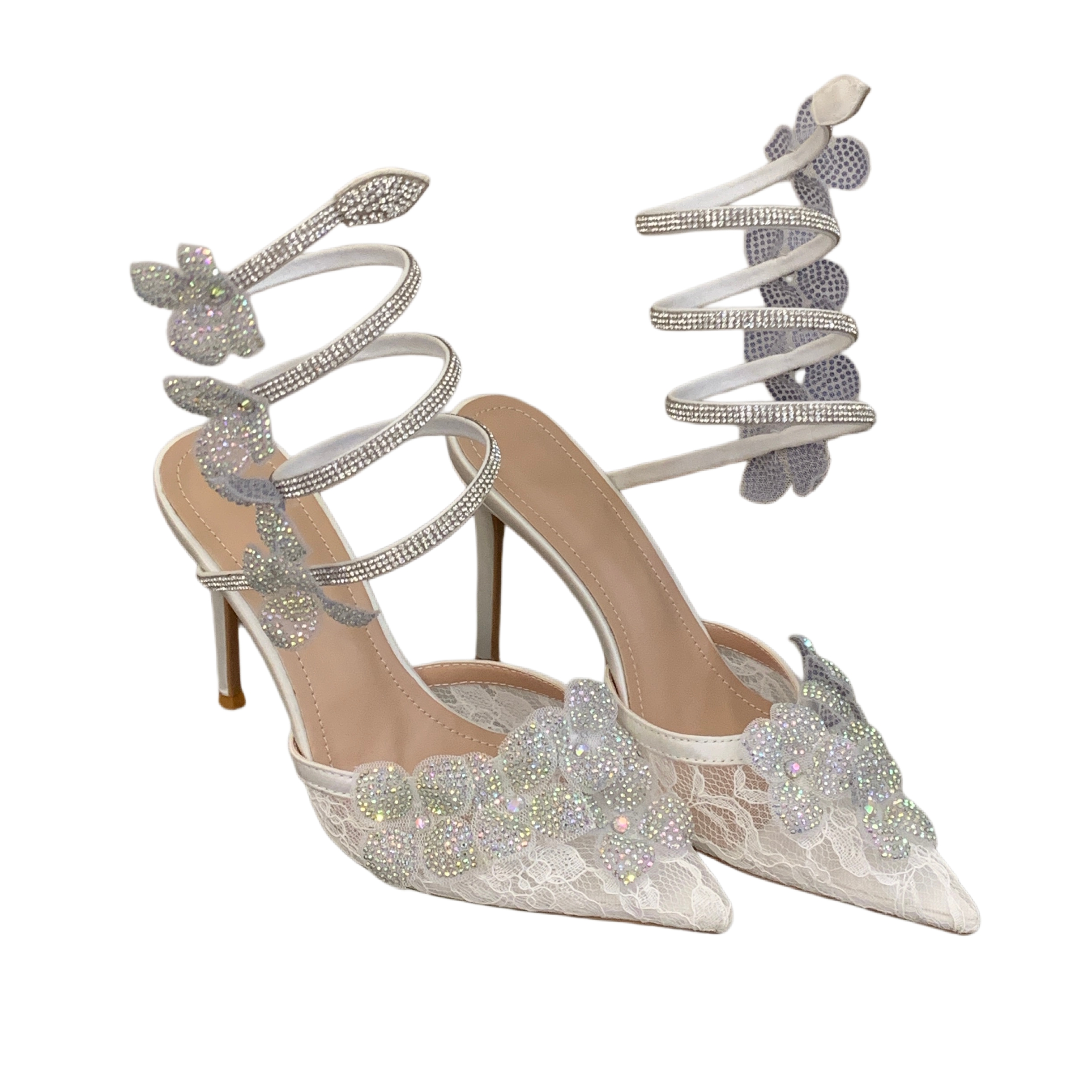 French Lace Rhinestone Flower Wrap Strap Sandals Women Pointed Toe Thin Heel Wedding Bride Shoes Banquet - Image 5