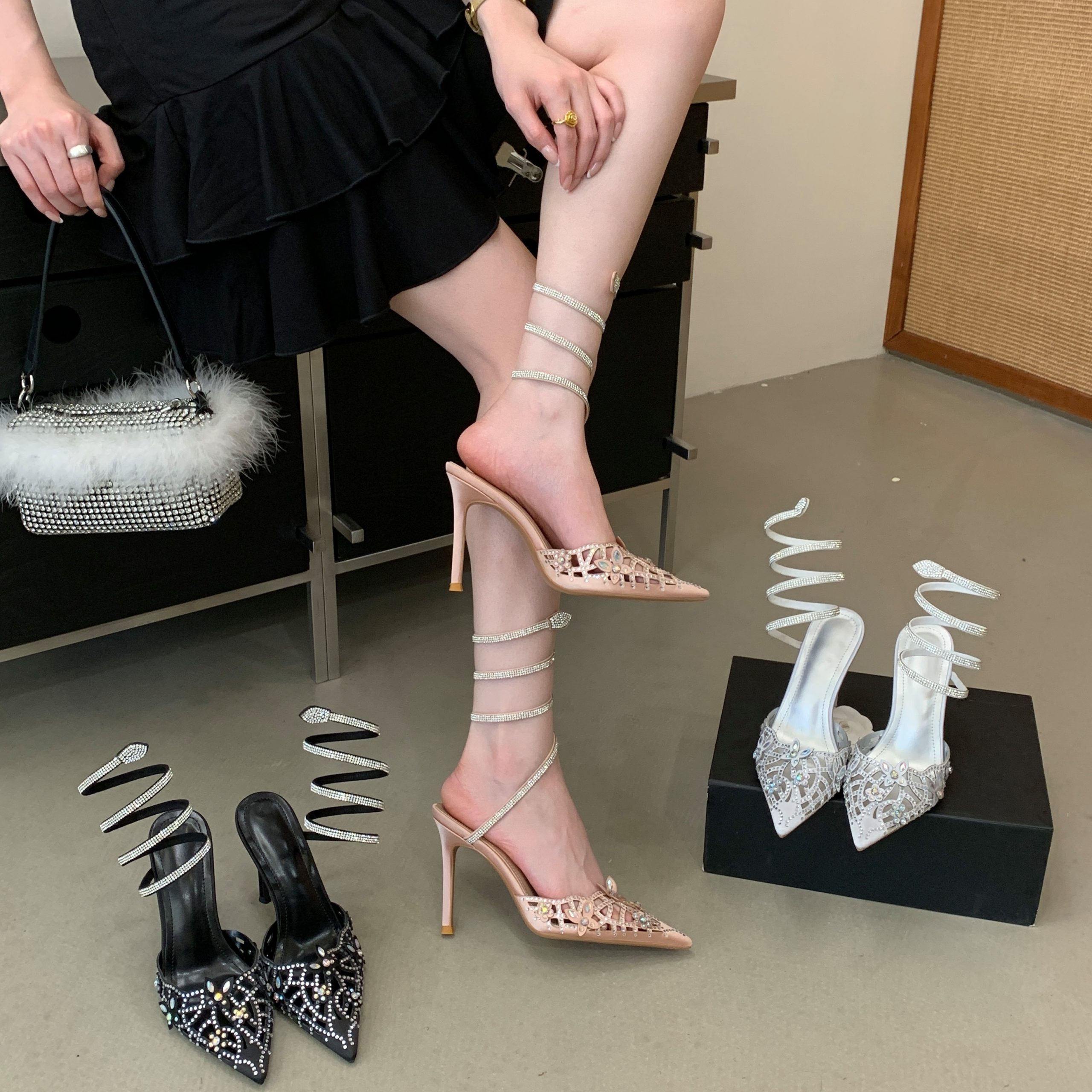 Openwork Butterfly Rhinestone Spiral Wrapped Strap Sandals Women Pointed Toe Thin Heel High Heels Bride Wedding Shoes Banquet Dress