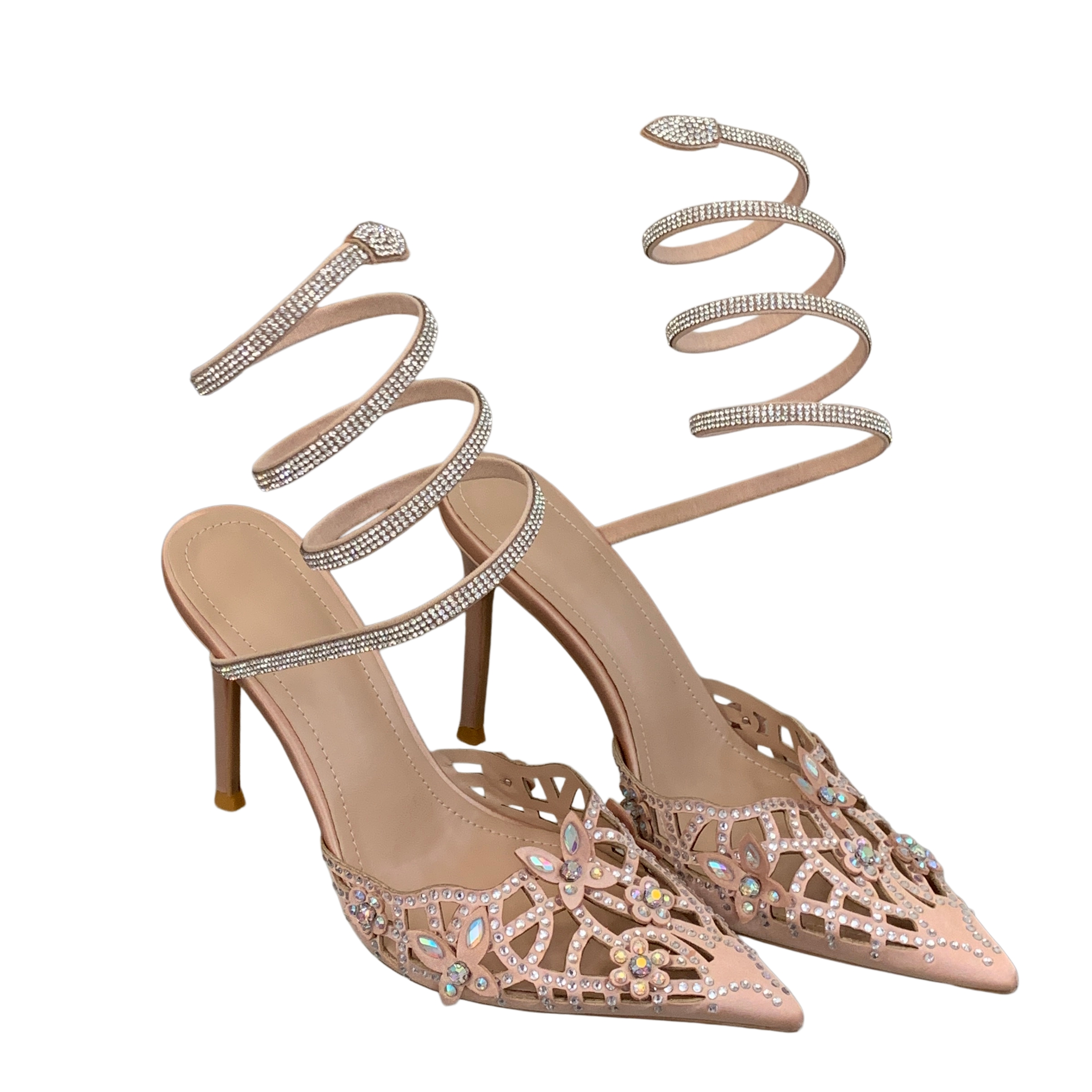 Openwork Butterfly Rhinestone Spiral Wrapped Strap Sandals Women Pointed Toe Thin Heel High Heels Bride Wedding Shoes Banquet Dress - Image 5