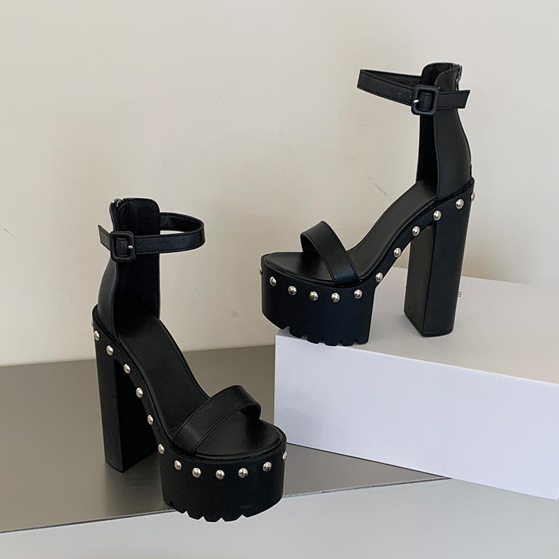 14cm High Heel Platform Chunky Heel Sandals for Women Sizes 34-40 with Rivets - Image 5